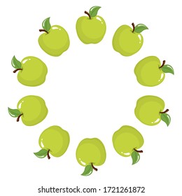 Wreath from green apple fruits with space for text. Cartoon organic sweet food. Summer fruits for healthy lifestyle. Vector illustration for any design.