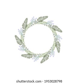Wreath from green blades of grass branches and twigs with berries. Garland good for greeting cards. Spring Vector illustration isolated on white