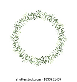 Wreath of green branches, leaves, berries. Elegant border in linear style. Design template for decoration, logo, invitation. Hand drawn doodle frame. Vector illustration isolated on white background