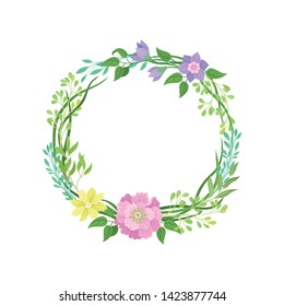 Wreath of green curly stems with leaves. Vector illustration on white background.