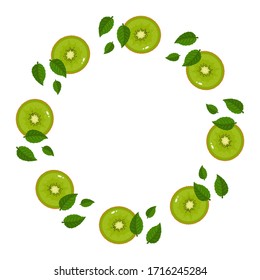 Wreath from green kiwi fruits with space for text. Cartoon organic sweet food. Summer fruits for healthy lifestyle. Vector illustration for any design.