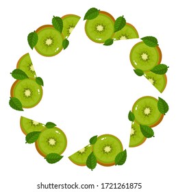 Wreath from green kiwi fruits with space for text. Cartoon organic sweet food. Summer fruits for healthy lifestyle. Vector illustration for any design.