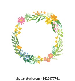 Wreath of green leaves of different shapes. Vector illustration on white background.