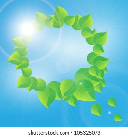 wreath of green leaves on a sunny sky background. Eps10 vector.