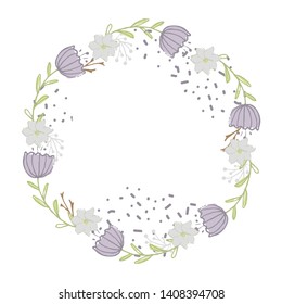 Wreath with green leaves and purple flowers isolated on a white background.Vector Spring flower nature decorative plants