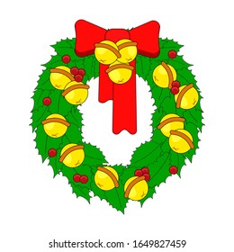 wreath of green leaves, red ribbon bow with golden bells