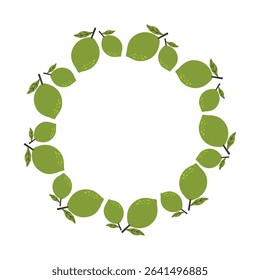 A wreath with green limes and leaves arranged in a circle. Bright and fresh citrus design perfect for summer themes, tropical backgrounds and food packaging. Vector illustration