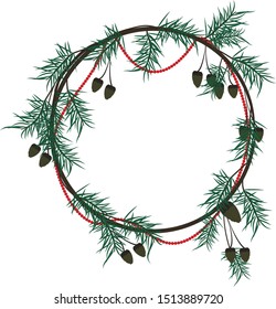 wreath of green spruce branches with cones and beads on a white background