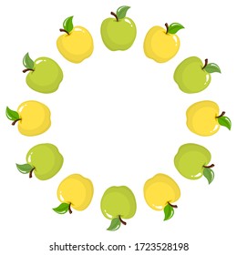Wreath from green and yellow apple fruits with space for text. Cartoon organic sweet food. Summer fruits for healthy lifestyle. Vector illustration for any design.