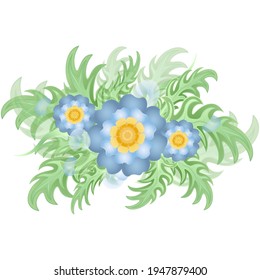 Wreath with greenery and blue flowers. White background