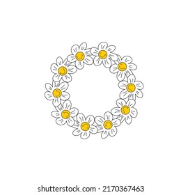 Wreath groovy chamomile. Cute hippie round frame of simple naive daisy clipart.