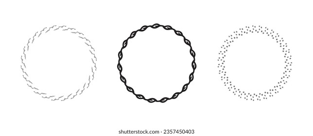 Grupo Wreath con un estilo vectorial peculiar aislado en fondo blanco. Colección de cuadros decorativos para gráficos antiguos juguetones. Ilustración original monocroma. 