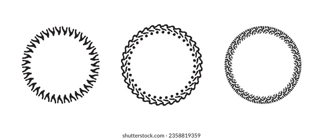 Wreath group in quirky vector style isolated on white background. Decorative frame collection for playful antique graphics. Monochrome ornate quirky illustration. 