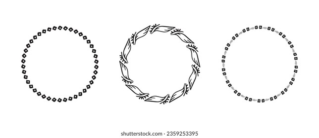 Grupo Wreath con un estilo vectorial peculiar aislado en fondo blanco. Colección de cuadros decorativos para gráficos antiguos juguetones. Ilustración original monocroma. 