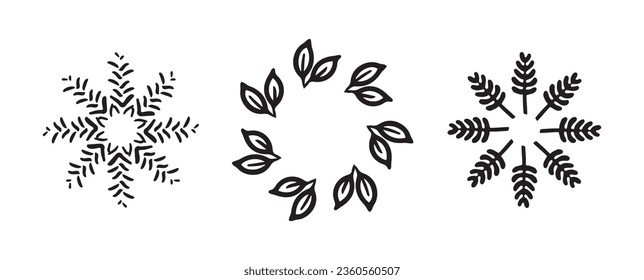 Grupo Wreath con un estilo vectorial peculiar aislado en fondo blanco. Colección de cuadros decorativos para gráficos antiguos juguetones. Ilustración original monocroma. 