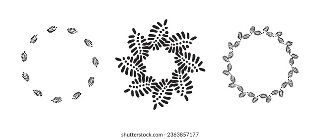 Grupo Wreath con un estilo vectorial peculiar aislado en fondo blanco. Colección de cuadros decorativos para gráficos antiguos juguetones. Ilustración original monocroma. 