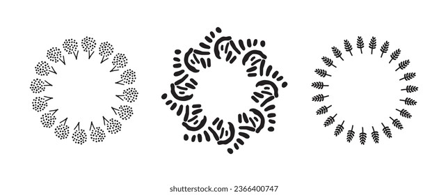 Wreath group in quirky vector style isolated on white background. Decorative frame collection for playful antique graphics. Monochrome ornate quirky illustration. 