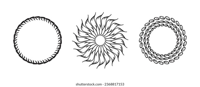 Grupo Wreath con un estilo vectorial peculiar aislado en fondo blanco. Colección de cuadros decorativos para gráficos antiguos juguetones. Ilustración original monocroma. 