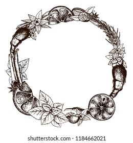 wreath with hand drawn elements. Template for cards, invitations. Vector illustration