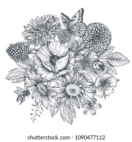 Wreath with hand drawn flowers, leaves, branches, butterfly, bee, ladybug in sketch style. Monochrome vector illustration.