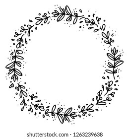 Wreath Of Hand Drawn Flowers And Twigs.