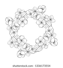 Wreath with hand drawn jasmine flowers. Floral background.