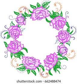 Wreath with hand drawn pink roses. Isolated on white background. Text copy frame template. It can be used for invitation, birthday, mother's day, St. Valentine's Day, greetings. Vector.