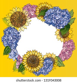 Wreath with Hand drawn sunflowers and hydrangea in round frame. Rustic floral background. Vector botanical illustration in watercolor style. Agriculture or harvest, farming or romantic theme.