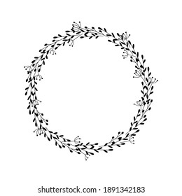 Wreath. Hand drawn vector illustration. Floral clipart. Frame of twigs with leaves and berries. Decorative border. Graphic design element. Greeting card, scrapbooking, print Black sketch on white background