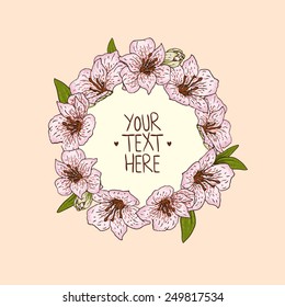 Wreath with hand-drawn flowers of  alstroemeria