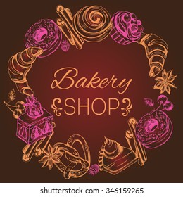 Wreath of hand-drawn pastries, berries and spices. Vector illustration. Signboard for the bakery.