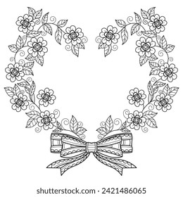 Wreath heart flower and ribbon hand drawn for adult coloring book