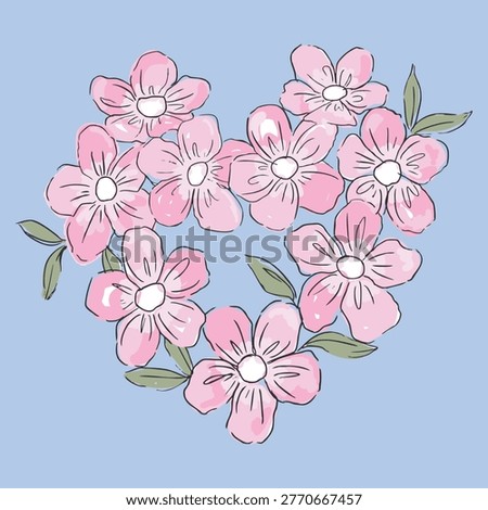 Wreath heart frame with Daisy flower and watercolor print flower for books and background on blue illustrations 