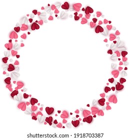 Wreath of hearts in red, rose pink and white colors on white background. Romantic circle wreath. Paper cut decorations for Valentines day design. Vector illustration