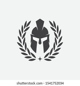 Wreath and helmet of the Spartan warrior symbol, emblem. Spartan helmet logo, illustration of spartan, Spartan Greek gladiator helmet armor flat vector icon