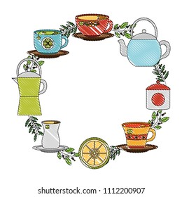 wreath herbal leaves tea cup coffee maker kettle lemon decoration