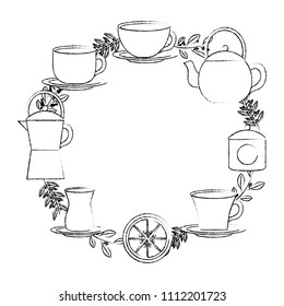 wreath herbal leaves tea cup coffee maker kettle lemon decoration