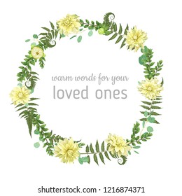 Wreath with herbs and leaves isolated on white background. Botanical illustration. Boxwood, eucalyptus, forest fern, flowers of yellow dahlia. Save the date, invitations, cards. Design elements
