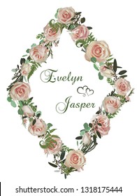 Wreath with herbs and leaves isolated on white background. Botanical illustration. Boxwood, eucalyptus, brunia, forest fern and pink rose. Invitations, cards. Design elements. Vector
