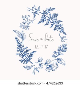 Wreath with herbs and leaves isolated on white background. Botanical illustration In blue. Boxwood, seeded eucalyptus, fern, maidenhair. Save the date. Design elements. Vector. Engraving style.