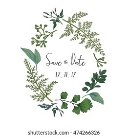 Wreath with herbs and leaves isolated on white background. Botanical illustration. Boxwood, seeded eucalyptus, fern, maidenhair. Save the date. Design elements. Vector. Engraving style.