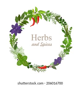 wreath of herbs and spices on a white background