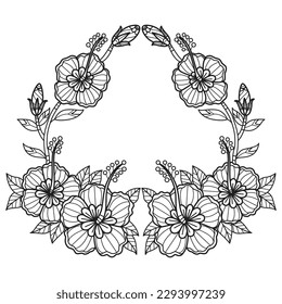 Wreath hibiscus flower hand drawn for adult coloring book