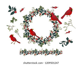 Wreath and Holly and mistletoe and bird Northern cardinal, seamless brush and plant branches on white background, vector illustration