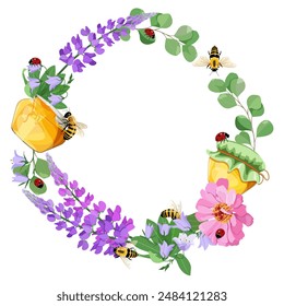 Wreath with honey flowers, jar of honey, ladybugs and bees on an isolated background. With space for your text.