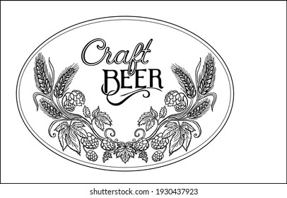 Wreath of Hop and barley for craft beer concept in a round. Hand drawn Line art and hand lettering isolated on white.