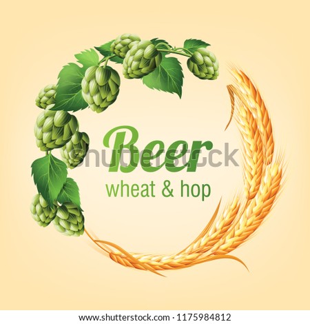 Wreath with hops and wheat. Floral composition with cones, leaves and branches. Isolated elements. Vintage hand drawn illustration in watercolor style.