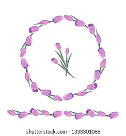 Wreath and horizontal border with hand drawn tulips. Watercolor flower effect. Different types of flower bud.  Gentle lilac, violet pastel colors. Isolatd on white. Vector illustration.