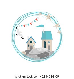 wreath with houses on the stones and seagulls on the white background