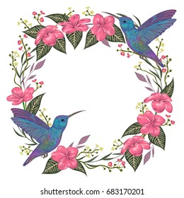 Wreath with hummingbird, tropical flowers and leaves. Exotic flora and fauna. Vintage hand drawn vector illustration in watercolor style